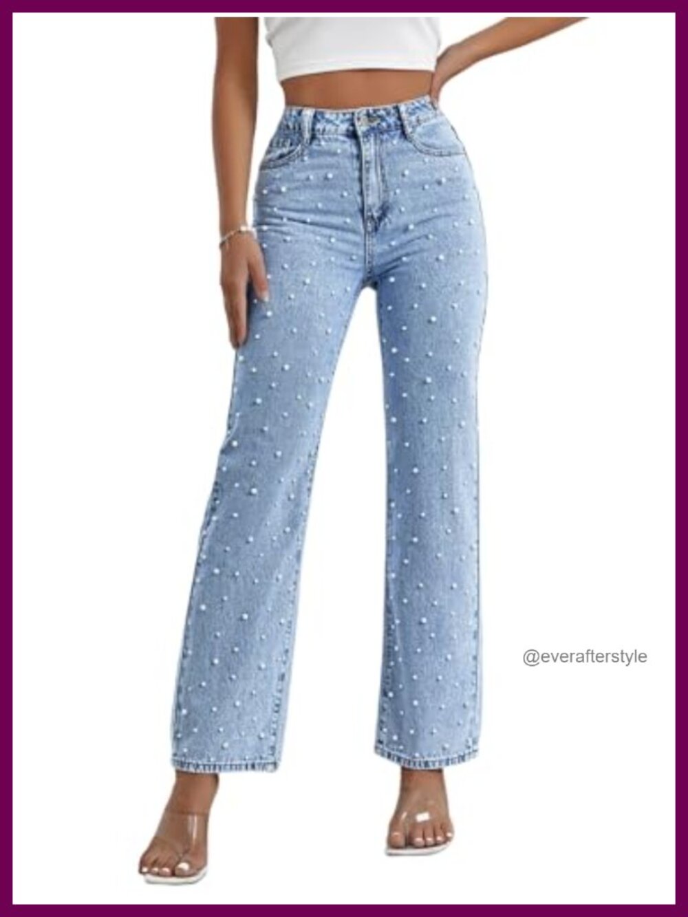 Kedera High Waisted Wide Leg Boyfriend Jeans Pearls Beaded Flare Denim Pants